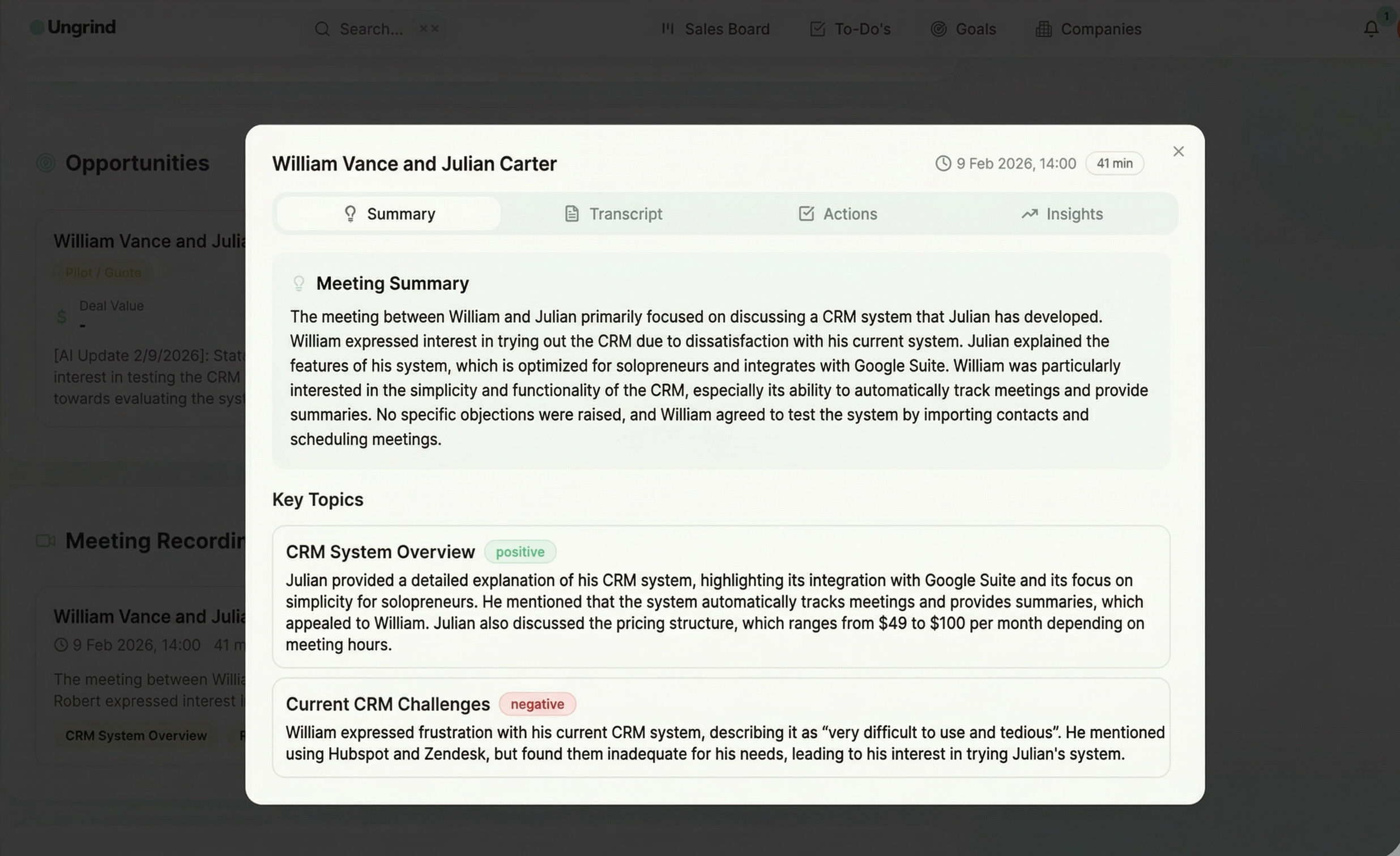 AI meeting analysis showing transcript, summary, and action items