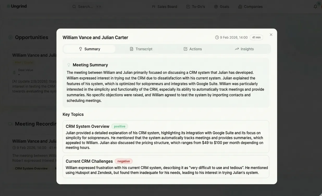 AI meeting analysis showing transcript, summary, and action items